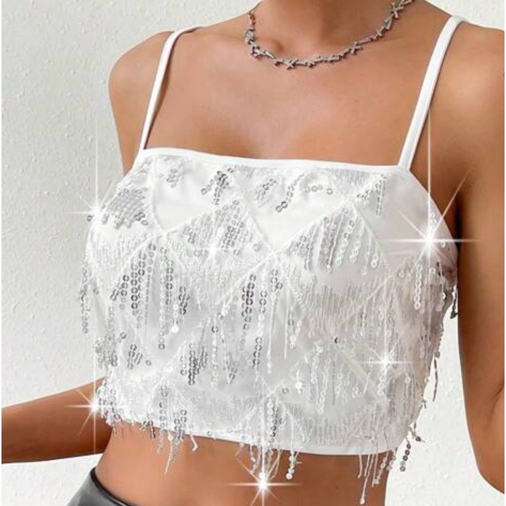 White Sequin Tank Crop Top